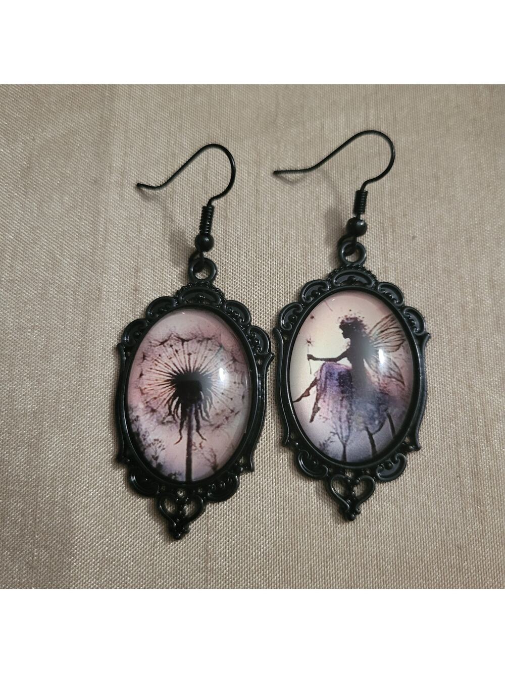 Black fairy & dandelion mismatch cameo hook earrings